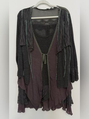 Women's Layered Open-Front Lace-Trim Sweater Tunic - Dark Charcoal & Plum